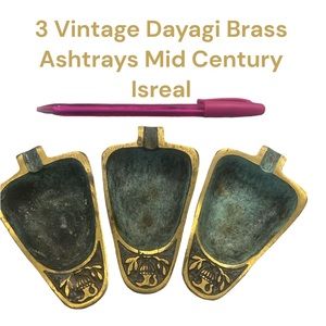 3 Vintage Ashtray Solid Brass Dayagi Israel Ornate Mid Century RARE EUC Collect